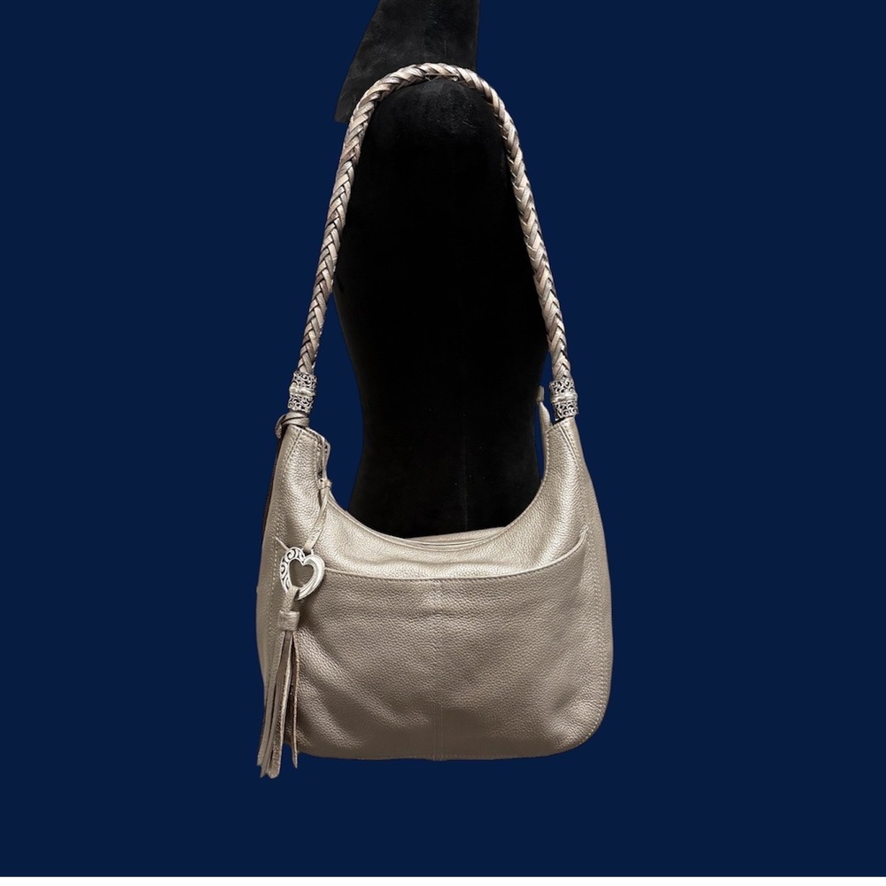 Brighton Barbados Hobo Bag Metallic Champagne Leather Heart Tassel EUC
